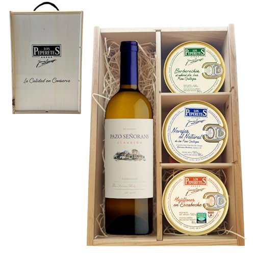 LOS PEPERETES Pack Gourmet Marisco Gallego con Albariño Pazo Señorans | Berberechos ×2 · Navajas ×2 · Mejillones en Escabeche ×2 | Selección Delicatessen