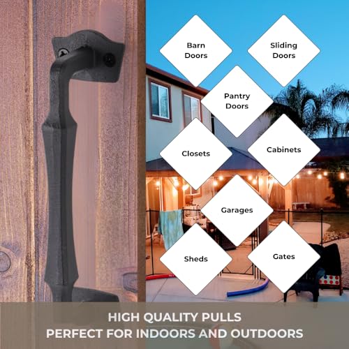 Image of 2-Pack 10 Inch Colonial Tapered Barn Door Handle - Black Cast Iron Pull for Sliding Doors, Gates, Sheds, Fences, Closets - Indoor Outdoor Farmhouse Hardware