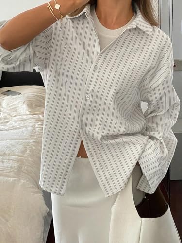 Image of GRECIILOOKS Striped Shirt for Women | Korean Style Full Sleeve Oversized Button Down Shirts | Tops for Women | Shirt for Woman | Plus Size Top for Office & Casual Outfit