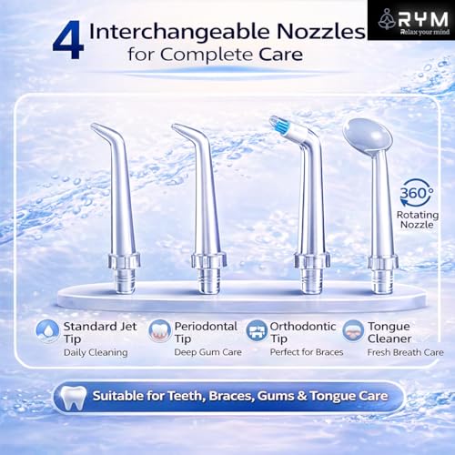 Image of RYM Water Flosser for Teeth | Dental Water Flosser Portable with 245ml Tank, 3 Modes, 4 Nozzles, USB Type-C Rechargeable, Waterproof Electric Flosser for Teeth Cleaning, Braces & Gum Care