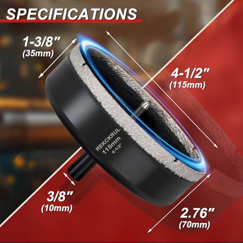 Image of 4-1 /2 Inch Diamond Hole Saw with Pilot Drill Bit 1PCS | Premium Tile Hole Saws Porcelain, Ceramic, Granite, Marble, Glass , 1-3 /8 inch Cutting Depth, Serrated Edge Wet /Dry Use (115mm)