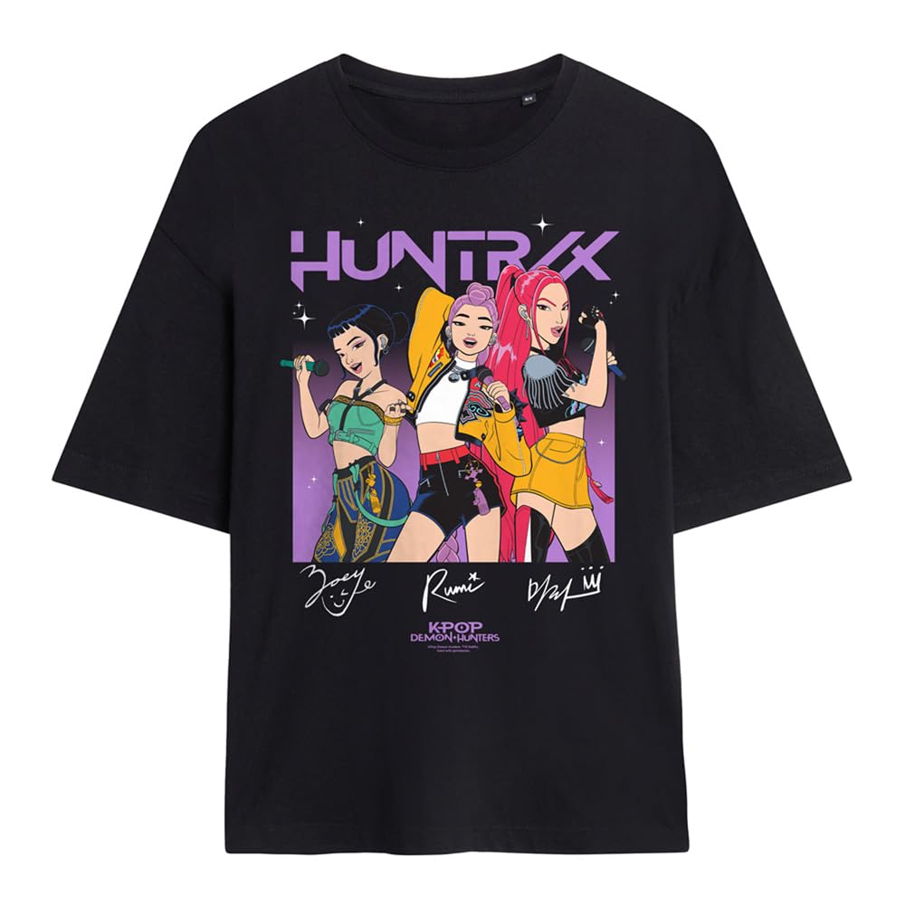 Kpop Demon Hunters Singing Signatures Ladies Oversized T Shirt, Black, Medium
