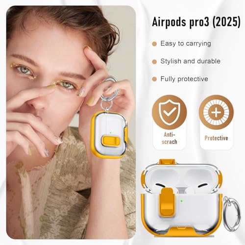 Image of Compatible Airpods Pro 3 Case (2025) with Phone Stand & Cleaner Kit,Print Soft Silicone Lock Clip Apple AirPods Pro 3rd Generation Case, Airpod Pro 3 Cover with Keychain for Women /Girls,Yellow