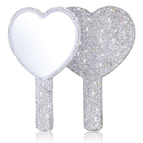 Lioaeust 2 Pcs Bling Hand Mirrors with Handle, Sparkling Rhinestone Heart Shaped Handheld Mirror, White Cute Handheld Mirrors Glitter, Portable Makeup Handle Mirror for Women Girls Trave