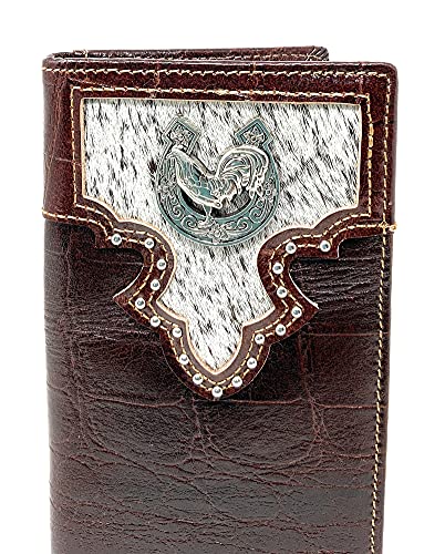 Western Men's Cow Fur Genuine Leather Crocodile Rooster Bifold Wallet in 2 Color (Brown)2