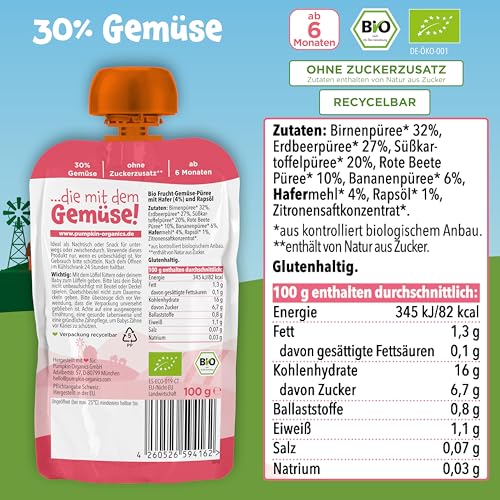 Pumpkin Organics Bio Gemüse-Getreide-Quetschies 8er Pack Birne, Erdbeere, Süßkartoffel, Rote Beete, Banane, Hafer ohne Zuckerzusatz¹ - ab dem 6. Monat - als Snack oder Beikost für unterwegs (8x100g)