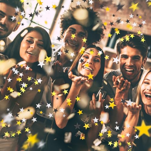 Image of HESTYA 60g star Confetti Glitter Star Table Confetti Metallic Foil Stars for Party Wedding Festival Decorations(Silver Gold Black,10mm and 6mm)