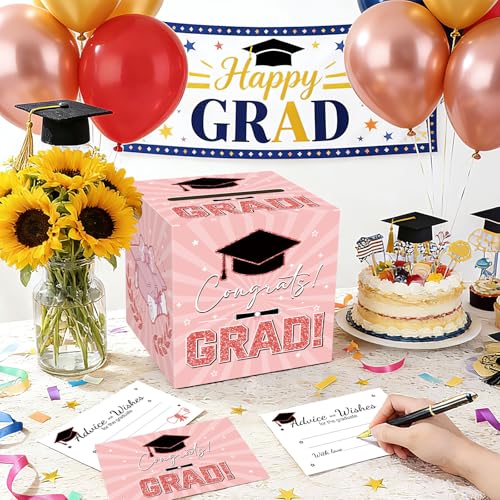 Image of Graduation Card Box Graduation Decorations 2026 Grad Card Box for Gift Graduation Party Favors Decor Party Supplies (Pink, 50 Cards)