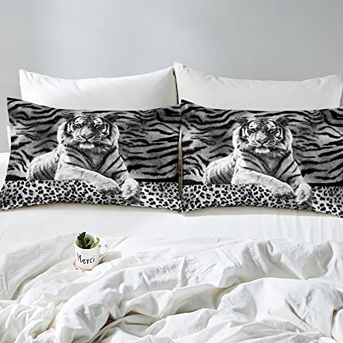 Tiger Print Duvet Cover Twin,Wild Animals Theme Bedding Set For Kids Boys Teens Room,Leopard Print Tiger Skin Animal Fur Pattern Soft Comforter Cover,2Pcs Black White Quilt Cover With 1 Pillow Sham #TOP4