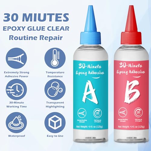 Image of 30 Minute Epoxy Glue 7.6 fl oz, Fast Cure Clear 2 Part Epoxy Adhesive | Tough Durable Clear Epoxi Adhesives Fast Repair, 2 Part Epoxy Glue Quick Cure Clear for Metal, Wood, Plastic, Glass, Cerami