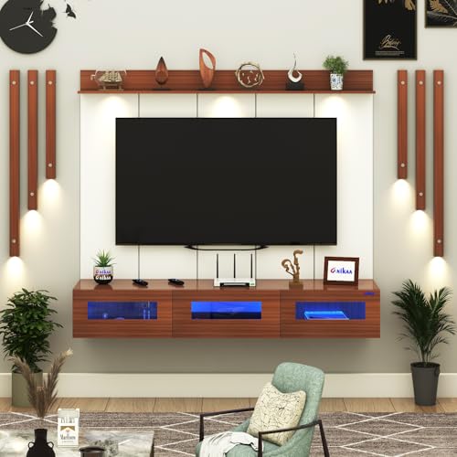 Image of Anikaa RayzaPro Engineered Wood Wall Mount TV Unit with PVC Back Panel, Acrylic Blue LED Storage Box, Side Wooden Accent Spot Light Panels I Deal for Up to 50 Inch TV (Walnut - DIY Installation)
