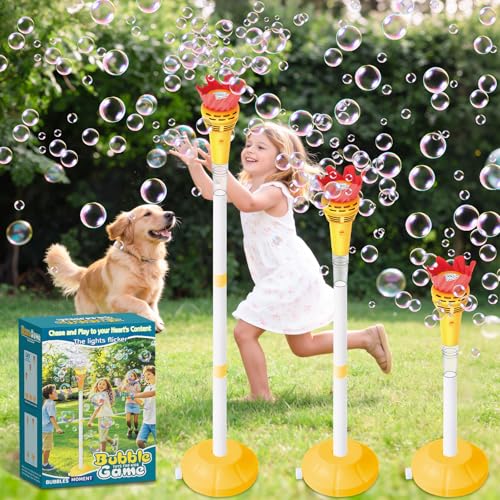 Infowush Torch Bubble Machine for Kids, Rechargable Bubble Maker Bubble Toys with Light & Music, Outdoor Automatic Standing Height Adjustable Bubble Machine for Toddlers 1-3, Xmas Birthday Party Gifts