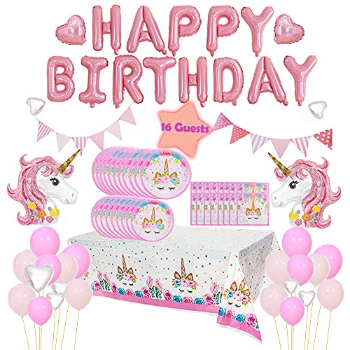 Unicorn Party Supplies Set, Unicorn Birthday Decorations for Girls, Pink Unicorn Party Decorations Set for Creating Unicorn Theme Party, Include Unicorn Balloons Banner Plates Tablecloths Napkins etc (Unicorn)