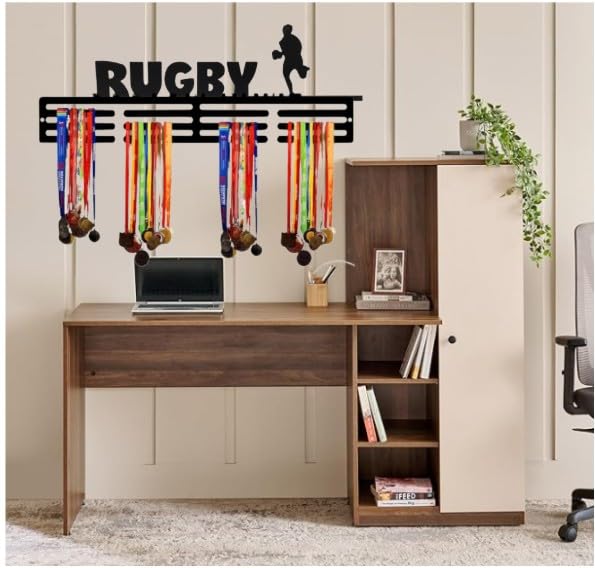 GPNW Metal Rugby Medal Holder Display Rack, Black Wall Mount, Sports Theme Design with Silhouette Player, 34 x 12 cm 1