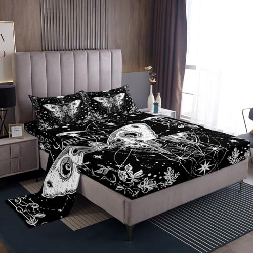 Feelyou Sun Moon Sheet Set King Size Bohemian Moth Sheets with Deep Pocket Fitted Sheet Teens Adults Galaxy Astrology Space Bed Sheets Set Death Moth Bed Set Room Decor 4Pcs with 2 Pillow Case