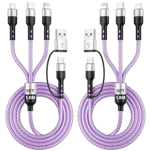 Jogrytece Travel Essentials, 3 in 2 Multi Charging Cable USB C Charger for iPhone 17, Multi Charger Cord with Type C/IP/Micro USB, Compatible for iPhone 17 to 11, Android, Galaxy, iPad, 2Pack-5FT