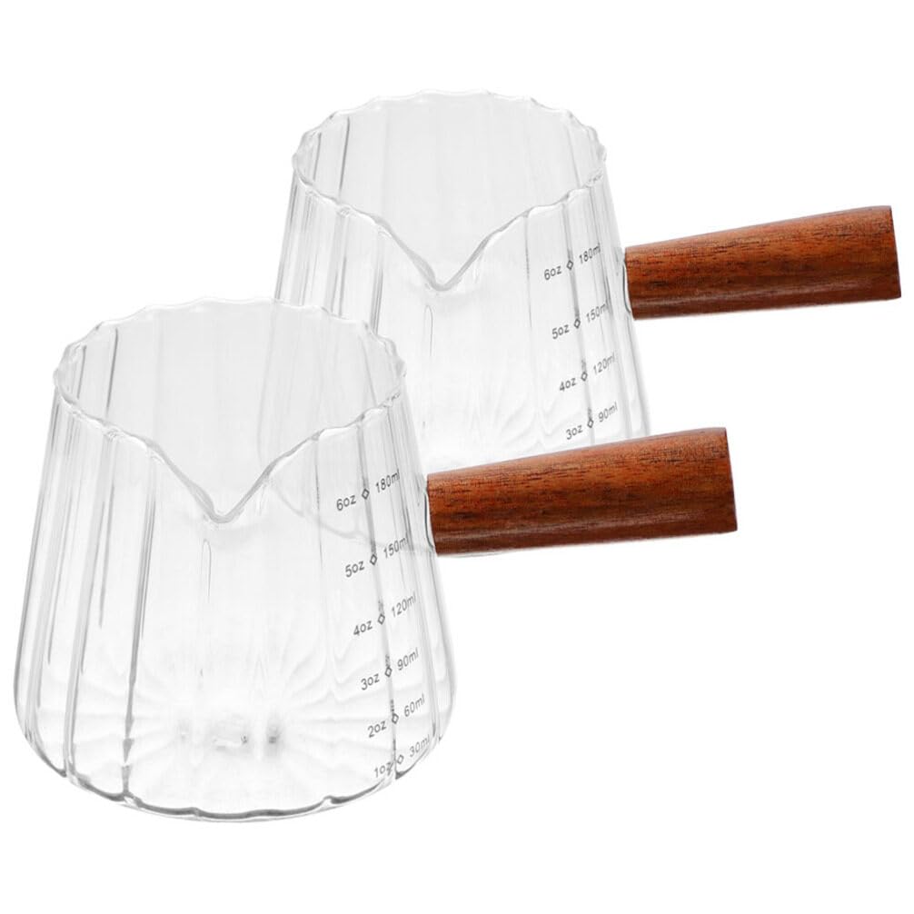 Jarra Medidora de Vidrio Pequeña 180ml Asa de Madera, 2 Piezas | Compacta y Portátil, para Medir Ingredientes, Resistente a Temperaturas, Uso en Cocina y Viajes