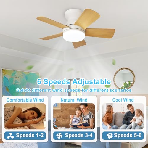 Image of Depuley Modern Ceiling Fan with Light: 25-Inch White Small Fans for Bedroom Indoor Outdoor - Dimmable Low Profile Ceiling Fans with Remote Control Flush Mount 5 Reversible Wood Blades 6 Speeds Timer