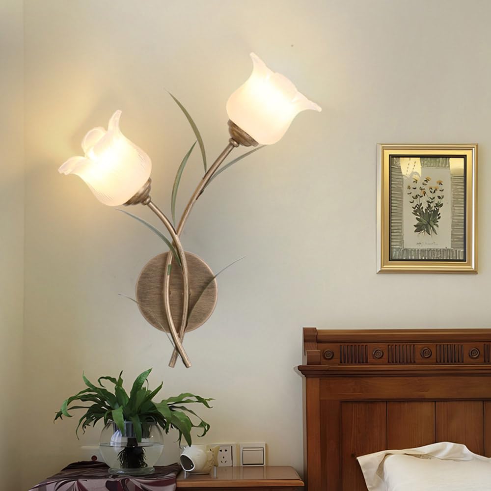 Applique da Parete e Applique a Forma di Fiore, Lampada a 2 luci con Paralume Floreale in Vetro Satinato, Lampada da Comodino, lampadario in Stile Rustico Antico per Camera da Lett