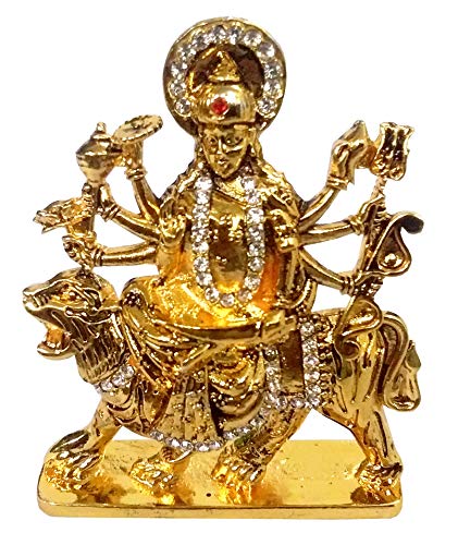 Estatua Metalica Maa Durga Dorada con Piedras Brillantes