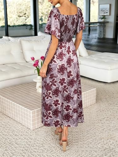 Image of Fashionme Womens Dresses 2026 Maxi Dresses Deep V Neck Elegant Bow Tie Front Cap Sleeve Summer Floral Satin Smocked Dress