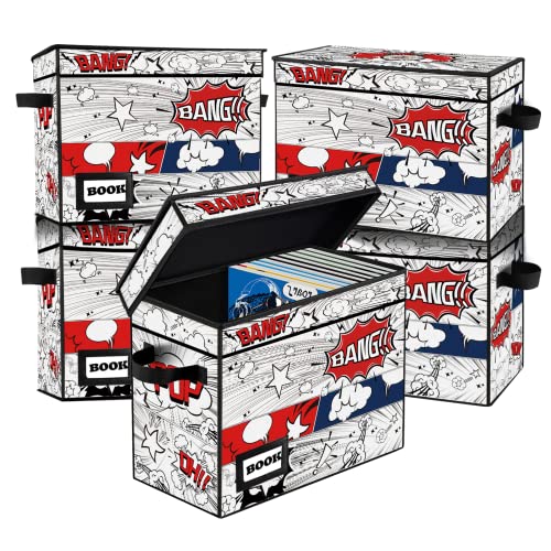 Image of 5 Pack Comic Book Storage Box, 15.8 inch X 7.8 inch X 11.8 inch, Collapsible Holds 160-180 Comic Book Short Box Bin Container Holder Shelf(Cartoon Clock)