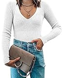 MISUMALLS Women's V Neck Long Sleeve Sweaters Ribbed Knit Casual Solid Pullover Jumper Tops White
