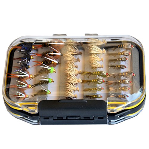 Outdoor Planet Double Side Waterproof Pocketed Fly Box + Assorted Trout Fly Fishing Lure Pack of 48 Fly Lure