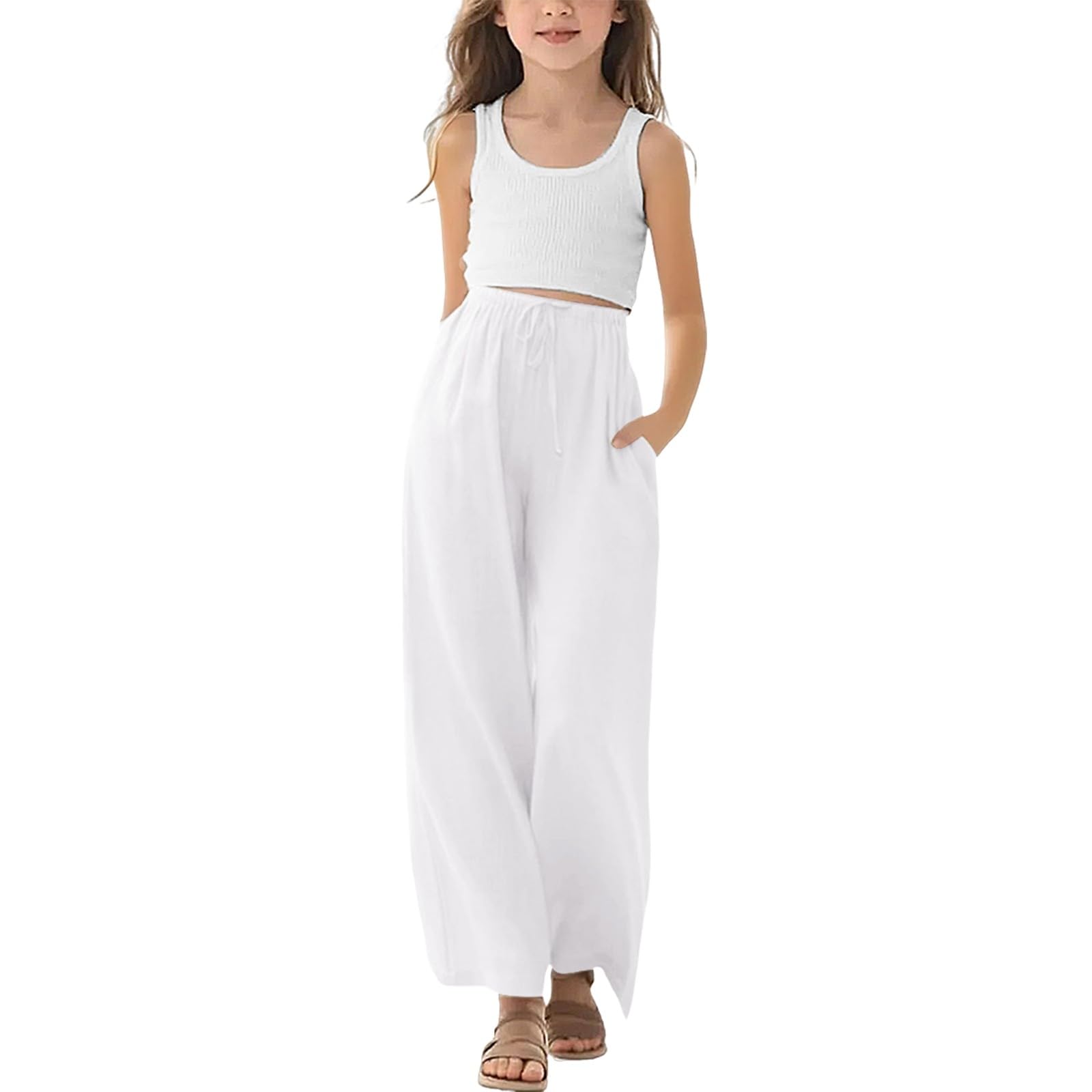 Pantalones de algodón y lino para niñas, palazzo casuales de verano, pierna ancha, cintura elástica