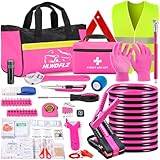 HLWDFLZ Car Roadside Safety Kit - 129pcs Pink Winter Emergency Road Side Assistance Kits Auto Essential Kit for Men, Women, Teen