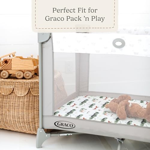 Image of Pack and Play Sheets Fitted, Mini Crib Sheets for Graco Pack N Play Playard (38x26), Ultra Soft Organic Cotton Blend, Safe & Snug Playpen Mattress Sheet for Baby Boys & Girls - Starry Woodland, 2-Pack