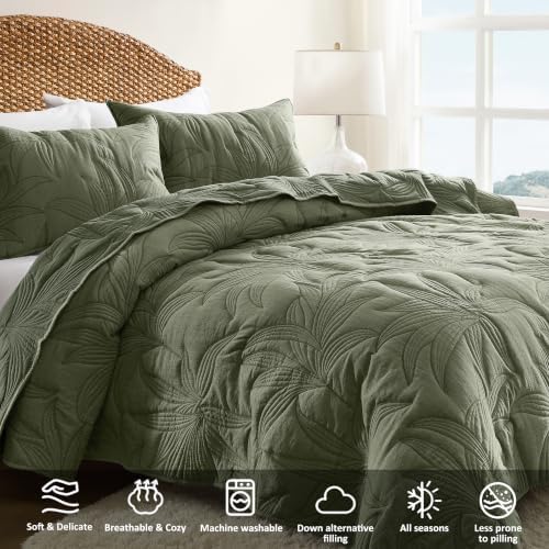 WDCOZY Green Leaf Embroidered Quilt Set, King Size, Lightweight, 3 Pieces - 1