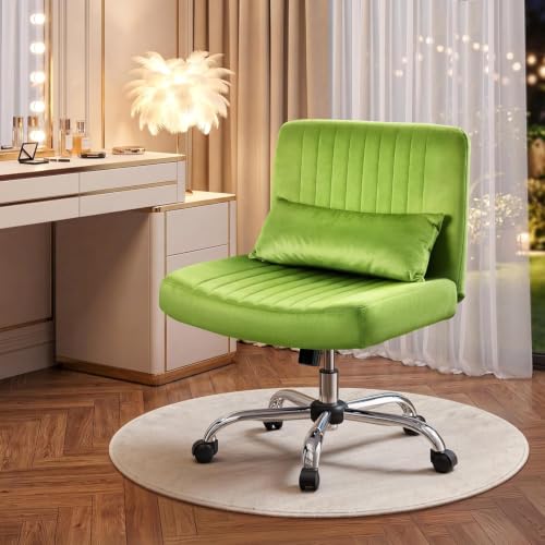 Image of Velvet Criss Cross Desk Chair with Wheels, Luxury Cross Legged Office Office, Swivel Wide Seat Vanity Chair, Armless Adjustable Height Gaming Chair Gift, Dusty (1, Glass Green)