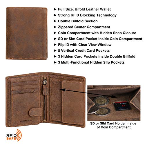 Mens Full Size Large Capacity Genuine Full Grain Leather Wallet Bifold Flip ID Coin & Zip Pockets RFID Blocking Anti-Theft (Dark Hunter Brown)2