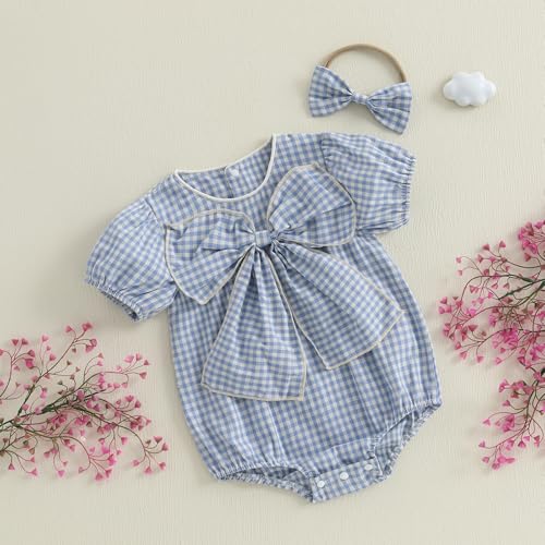 Newborn Baby Girl Summer Outfits Applique Plaid Romper T-shirt Short Sleeve Ruffle Bubble Bodysuit Infant Clothes3