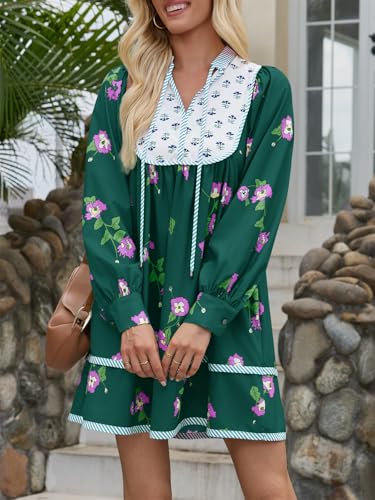 Image of Wenrine Womens Casual Floral Mini Dress Fall Long Sleeve V Neck Patchwork Loose Boho Shirt Dresses