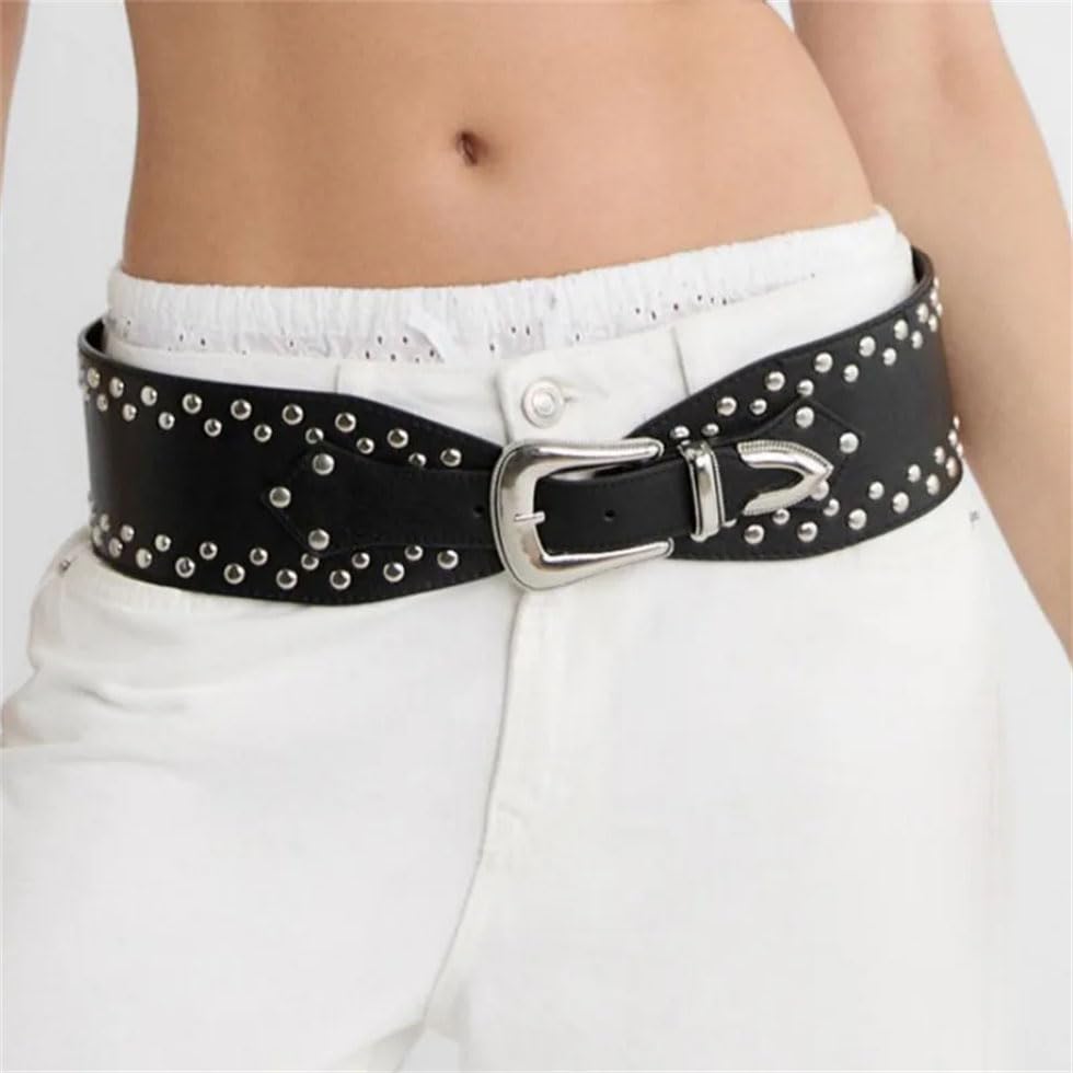Pohullan Women Vintage Punk Rivet Patchwork Design Wide Belts Harajuku High Street Waistband3