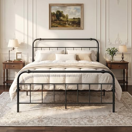 FAMLEAF Full Size Metal Bed Frame, Vintage Iron-Art Headboard & Footboard, Heavy-Duty Iron Platform Bed (No Box Spring), Easy Assembly,Noise-Free Design, Matte Black