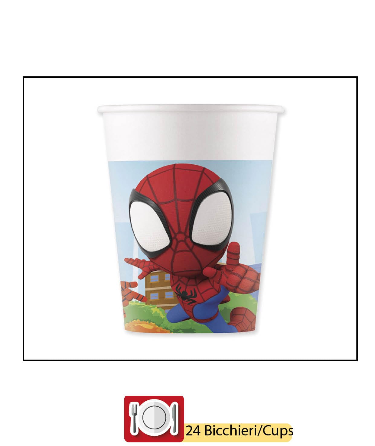Kit Party Tavola Marvel Spider-Man Spidey and His Amazing Friends per 24 persone (88 pezzi: 24 piatti Ø23cm, 24 bicchieri 200ml, 40 tovaglioli 33x33cm)
