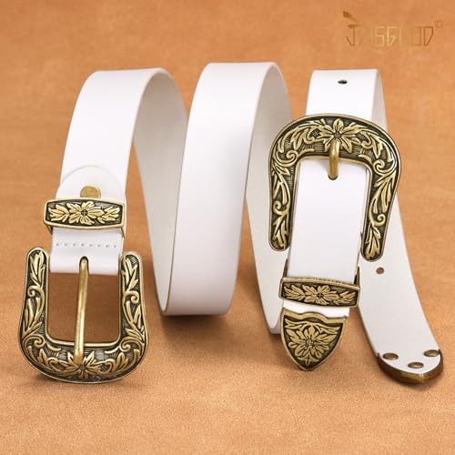 Image of JASGOOD Double Buckle Western Belts for Woman Cowgirl Country Belt Vintage Black Leather Belt for Jeans Pants Dresses