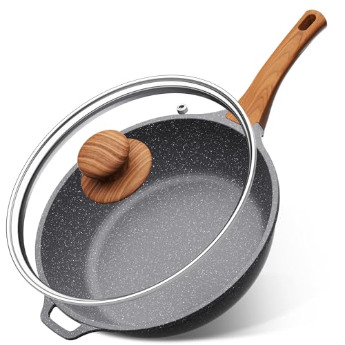 YASHE Poêle haute 30cm avec couvercle – Poêle antiadhésive granit, compatible induction, poignée résistante à la chaleur avec poignée latérale pour...