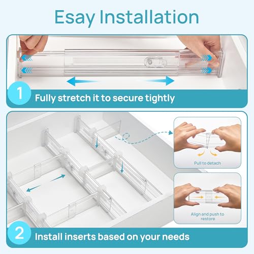 Image of Vtopmart 2.36 inch Drawer Dividers with Expandable Inserts, 12.8 inch-22.3 inch Adjustable Kitchen Drawer Organizer, Clear Plastic Organizer Separator for Flatware, Utensil, Cutlery, 8 Dividers with 14 Inserts