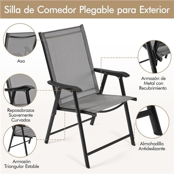 Yaheetech Juego de 2 Sillas Plegables para Exterior Capacidad 150kg Gris | con Reposabrazos,Poliéster Resistente,Marco Metálico, Asiento Amplio 45,5x43cm, para Terraza/Balcón/Camping/Comedor/Exterior