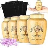 Beeveer 4 Sets Small Urn for Human Ashes Mini Urns with Tree Pattern Engraved Biodegradable Bamboo Cremation Urns for Pet Ashes with Black Velvet Bags