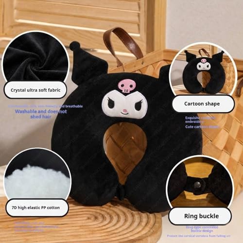 Image of SHAKTISM Cute Cartoon U-Shaped Neck Pillow for Travel | Soft Plush Neck Support Cushion for Kids & Adults | Lightweight Portable Headrest for Car, Flight & Home Use (Black)
