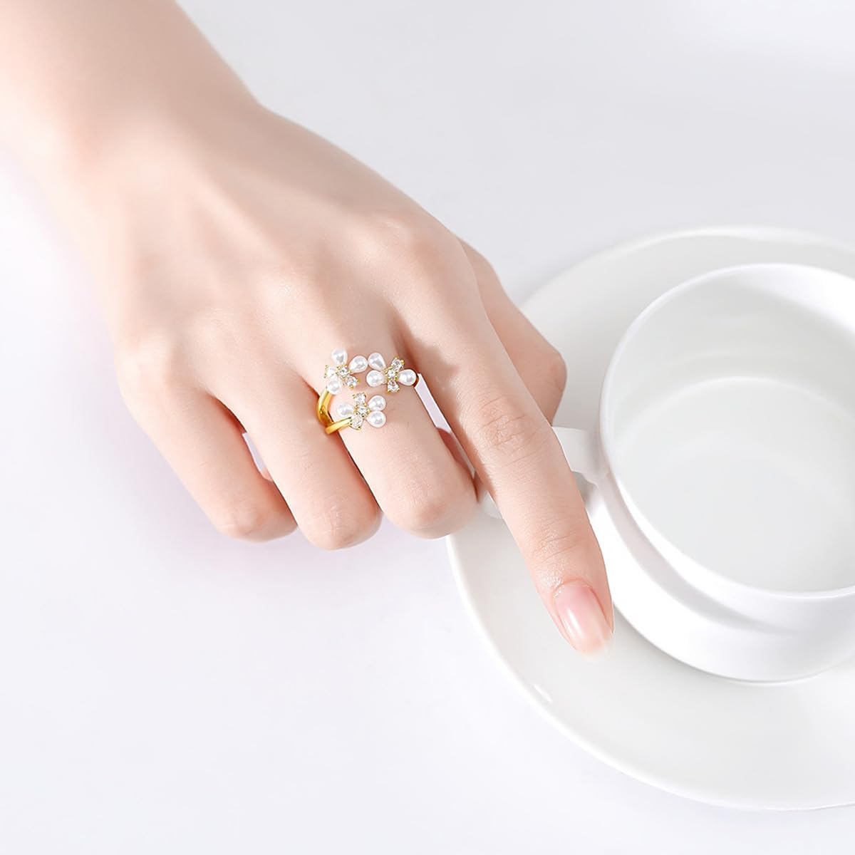 14K Gold Pearl & Moissanite Ring, Floral Open Band Unique Artisan Jewelry for Women