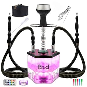 2 Hose Hookah Set – Premium Acrylic Shisha Hookah with Everything Included, LED Lights & Portable Bag for Ultimate Experience (Pink)