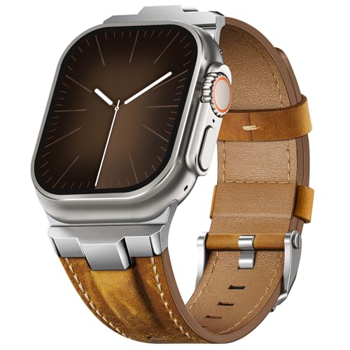 Image of Leather bands Compatible With Apple Watch Ultra Band 49mm 46mm 45mm 44mm 42mm, Superior Genuine Leather Rugged Metal Connector Durable Strap for Men iWatch Ultra3 2 1,Series 11 10 9 8 7 6 5 4 3 SE3 SE