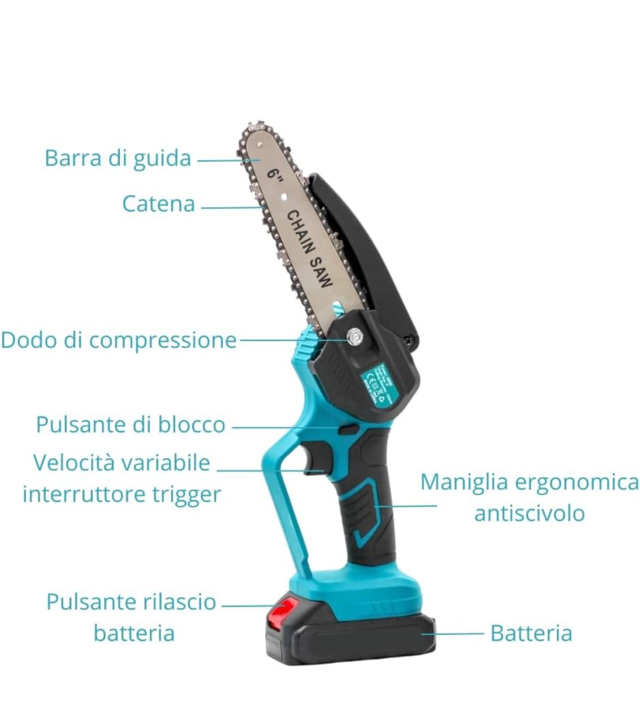 Accessori Kit Potatura 3 in 1 a Batteria: Forbici Elettriche + Mini Motosega 6” + Asta Telescopica 128-248 cm