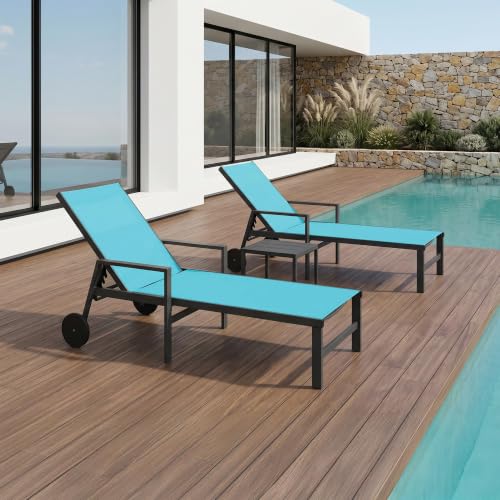 Image of PURPLE LEAF Patio Chaise Lounge with Wheels & Armrests, Turquoise Blue